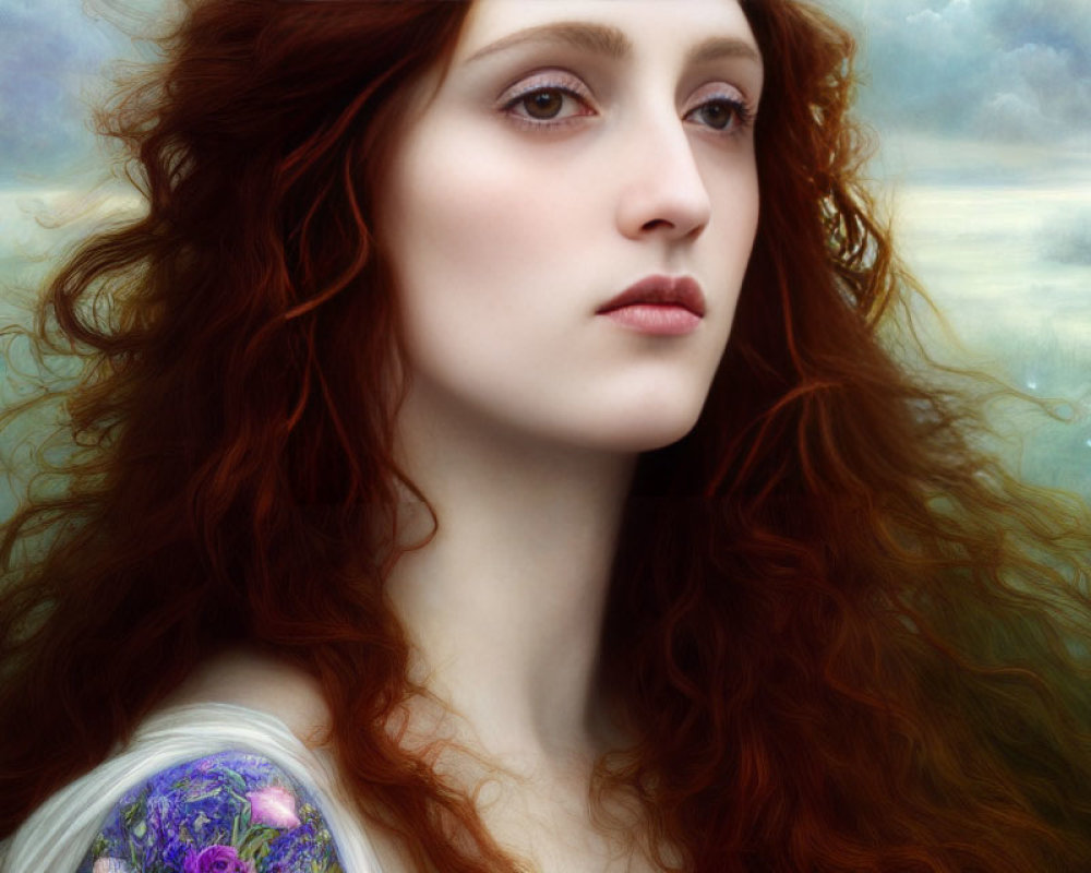 Portrait of woman with flowing red hair in misty landscape