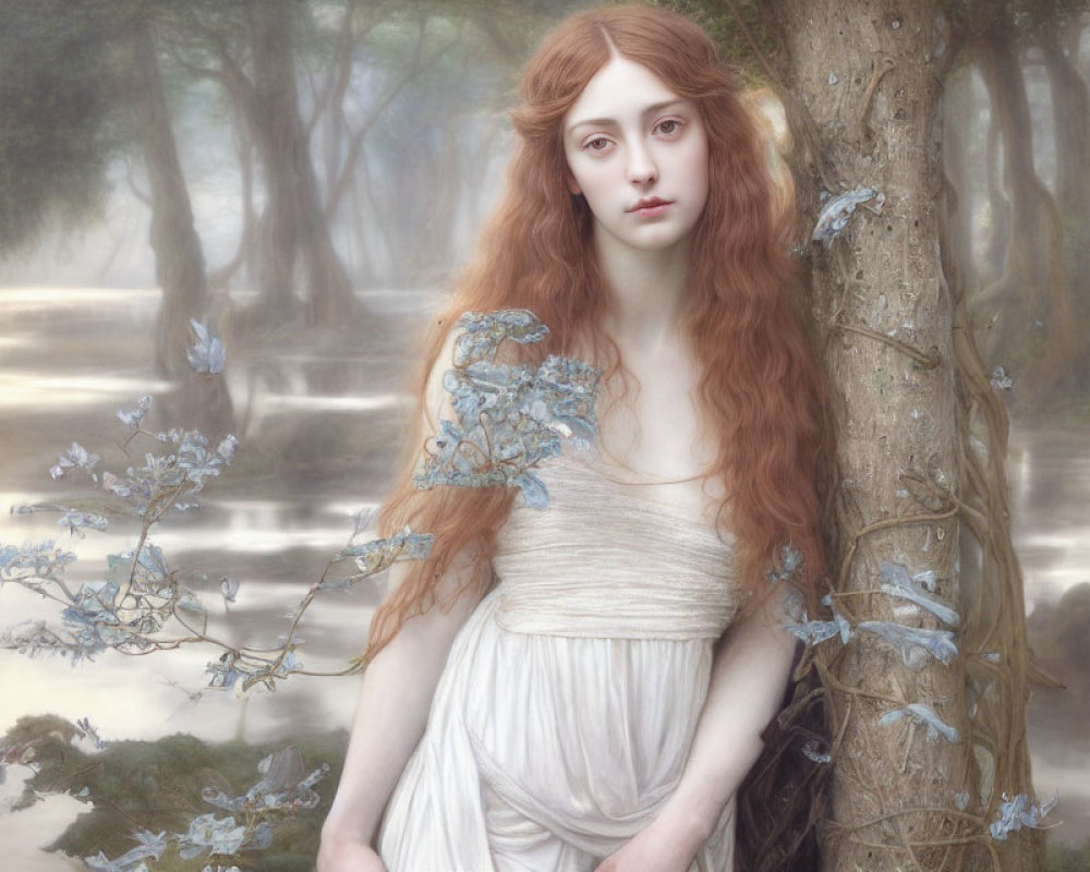 Ethereal woman with long red hair in cream gown in misty woods