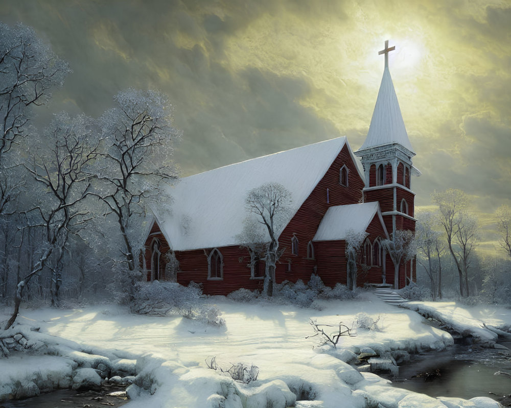 Winter Scene: Snowy Landscape with Red Church, Sun, Trees, and Frozen Creek