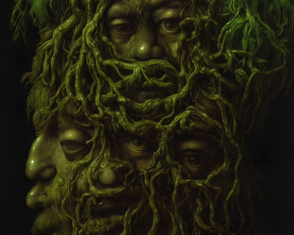 Mystical dark mossy faces on black background