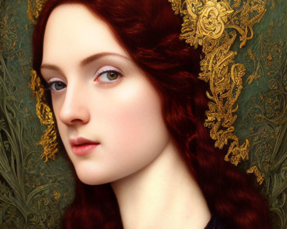 Portrait of Woman with Red Hair, Gold Headpiece, Blue Eyes