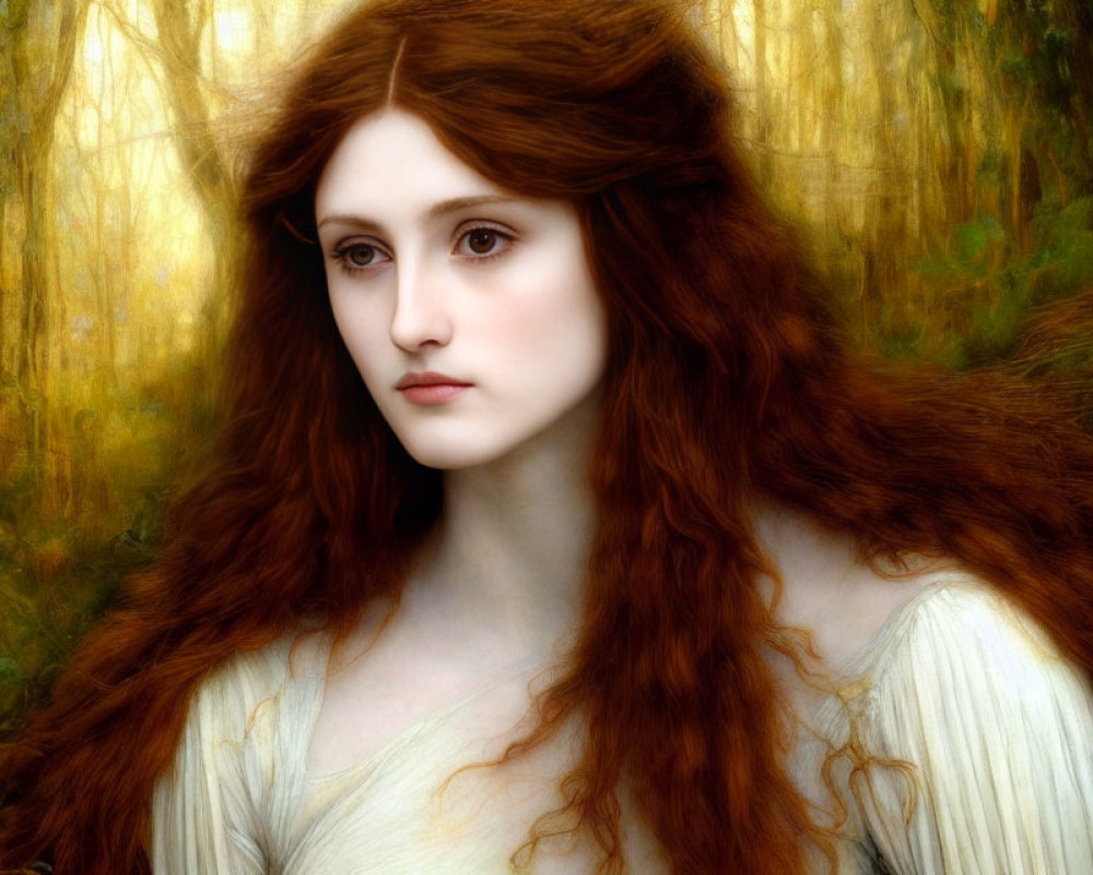 Woman with Long Red Hair in Pre-Raphaelite Style Portrait