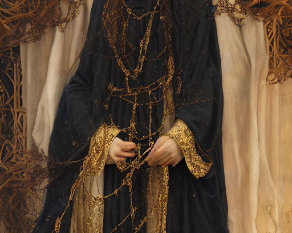 Medieval-style woman in blue and gold dress holding golden thread