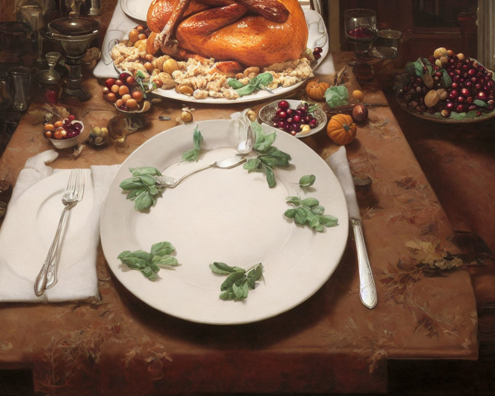 Thanksgiving-themed table setting with roasted turkey, fruits, nuts, silverware, and leaf-decor