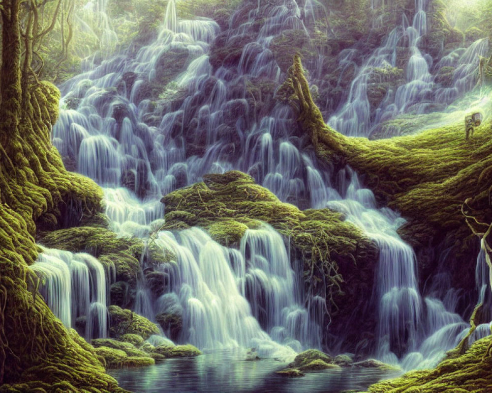 Moss-Covered Trees and Waterfalls in Enchanted Forest