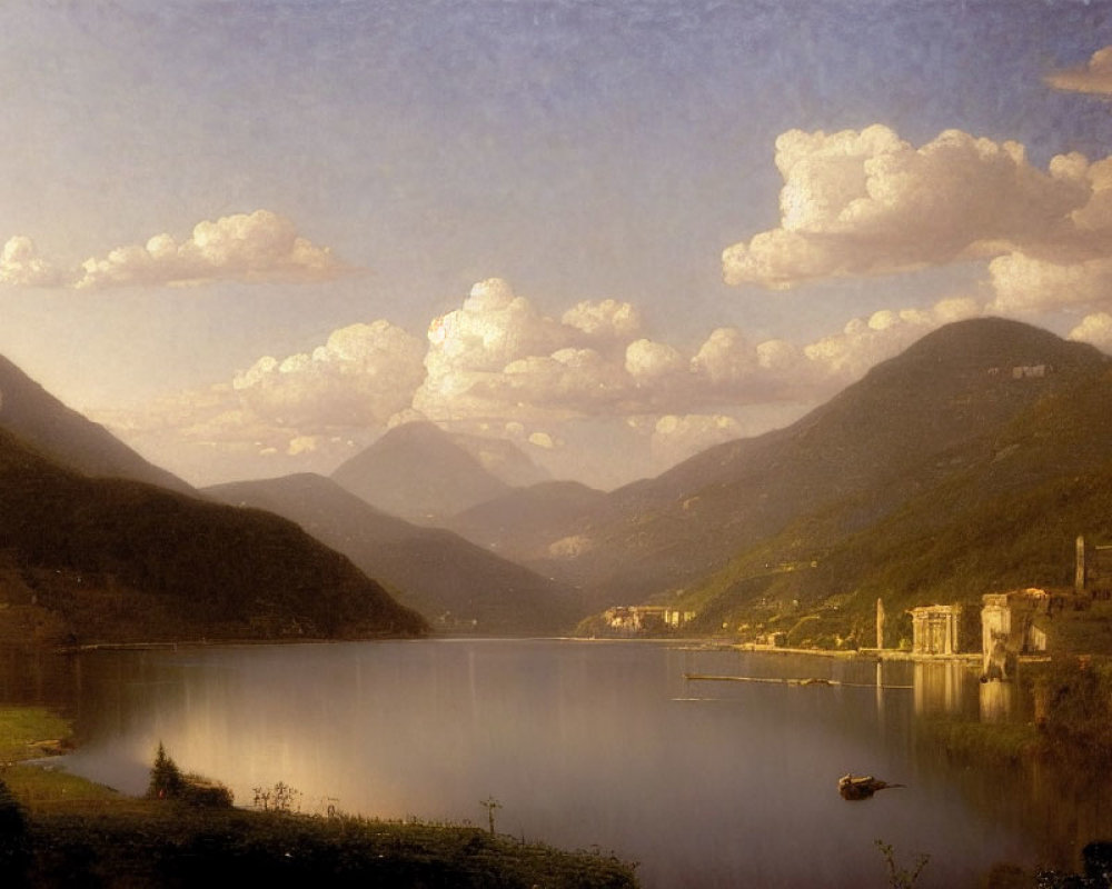 Scenic lake sunset with mountains, boat, clouds, and ruins in warm tones