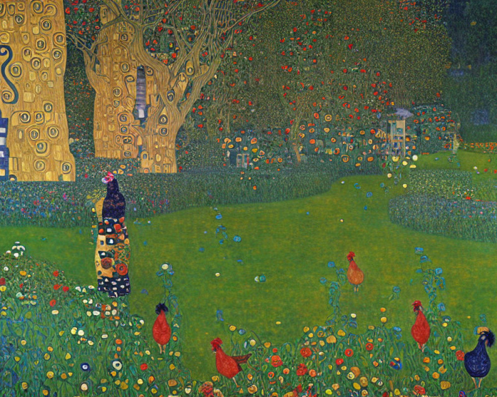 Colorful painting of a woman in patterned dress in a meadow with trees and roosters