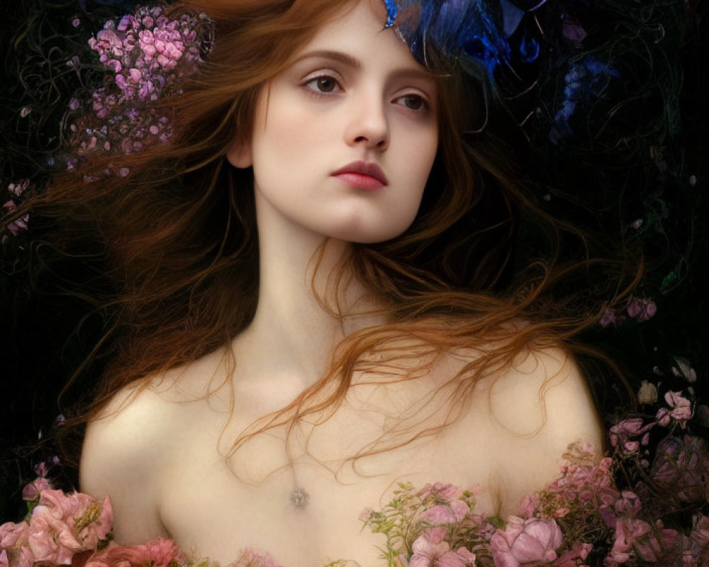 Portrait of woman with auburn hair, blue floral headpiece, surrounded by lush florals