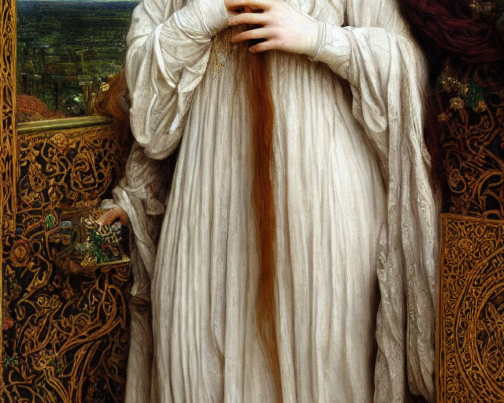 Pre-Raphaelite Style Painting of Woman in White Robes