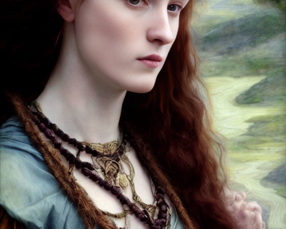 Regal woman with red hair and crown in contemplative pose against painterly landscape.