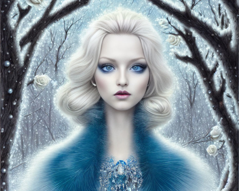 Illustration of woman with pale skin, blue eyes, and blond hair in frosty forest with white