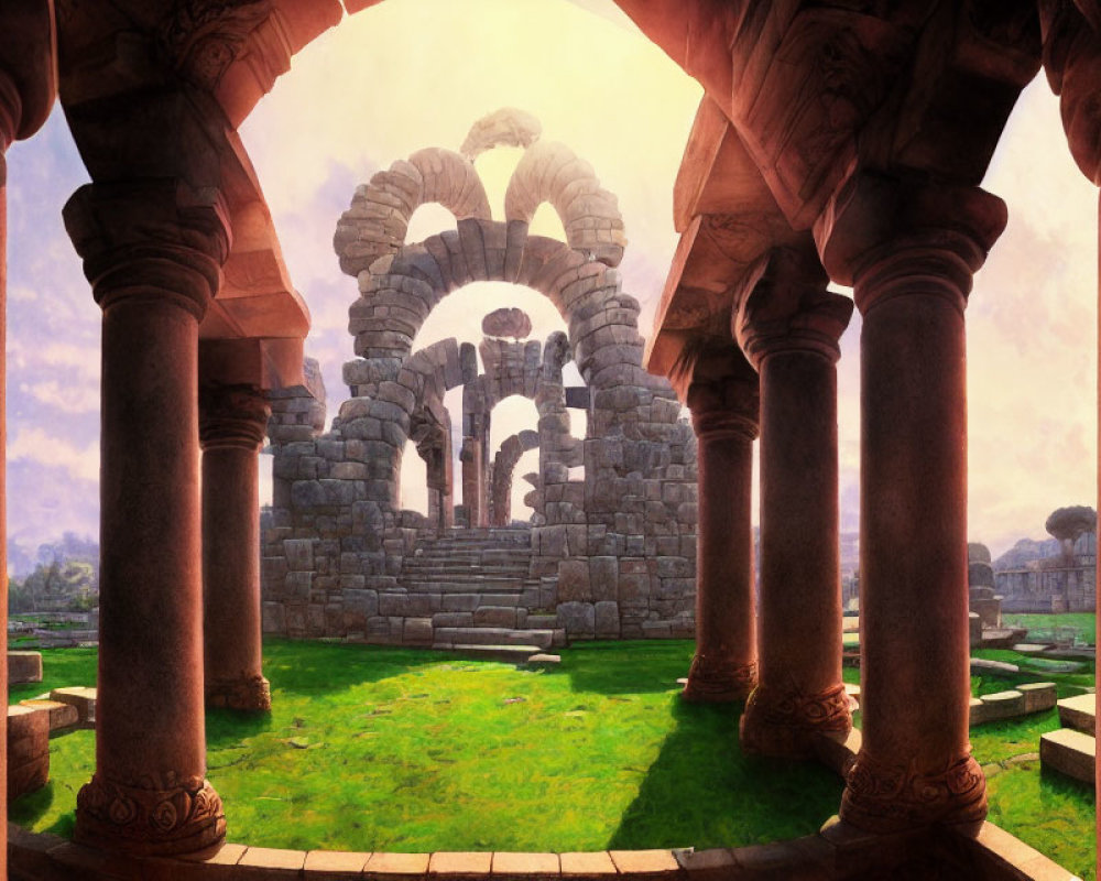 Digital painting of mystical ancient ruin with arches and columns in warm sunlight surrounded by lush greenery.