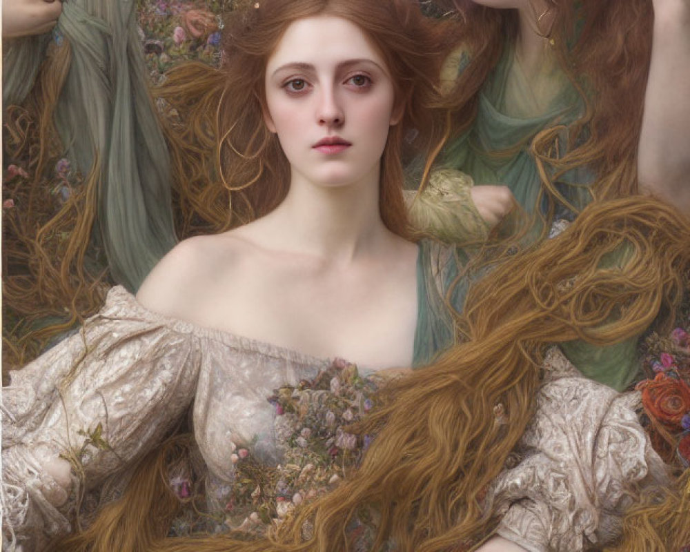 Pre-Raphaelite inspired image of two ethereal women with flowing hair and floral adornments.