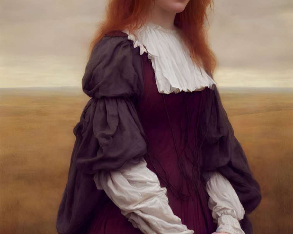 Red-haired woman in historical attire with purple dress and hat in overcast field.