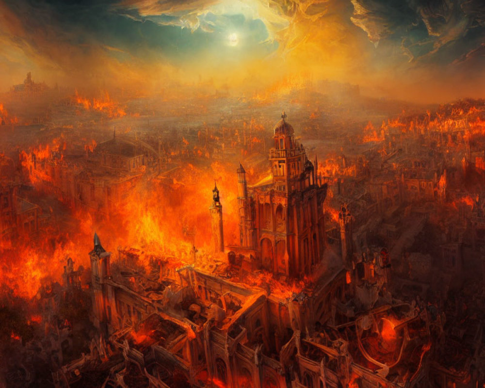 City in Flames with Cathedral Amidst Chaos