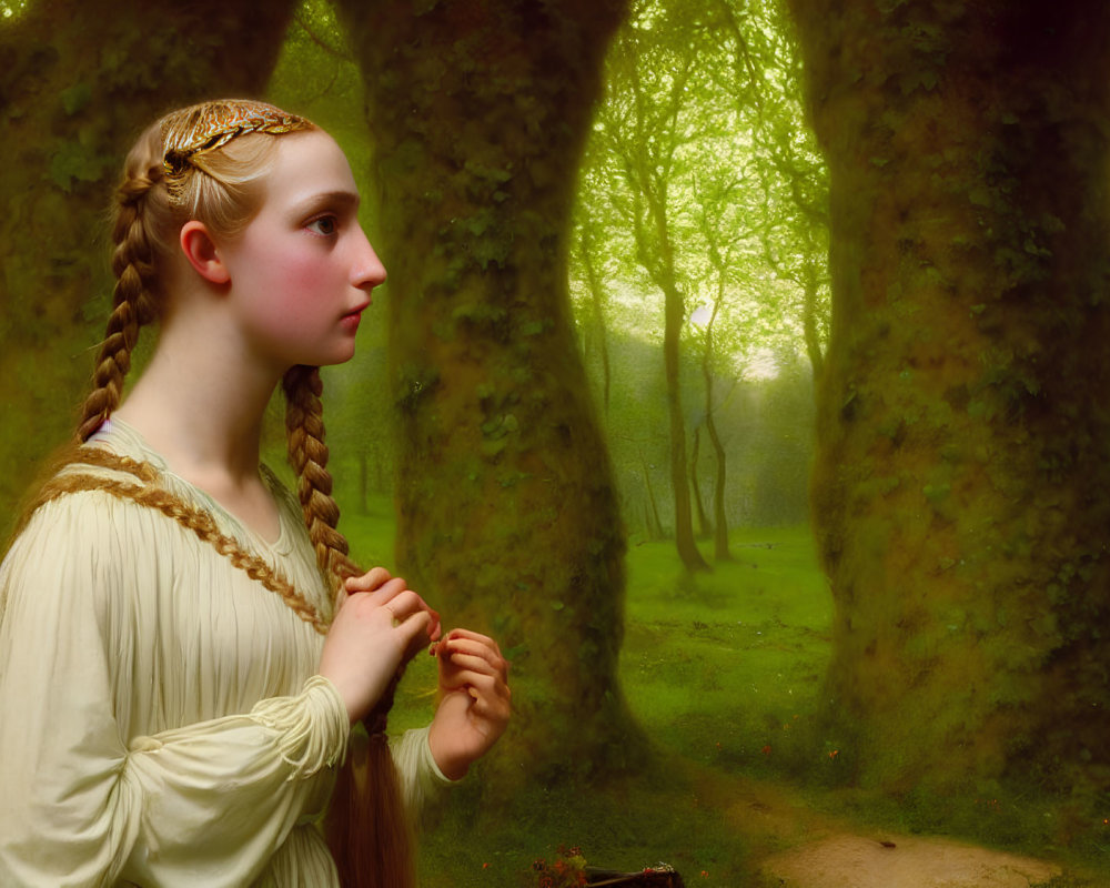 Young woman in historical attire with braided hair standing in mystical forest