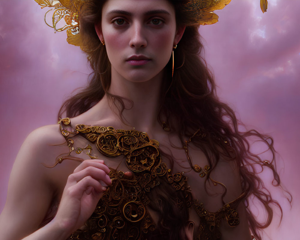 Mystical woman adorned in golden jewelry on dreamy background