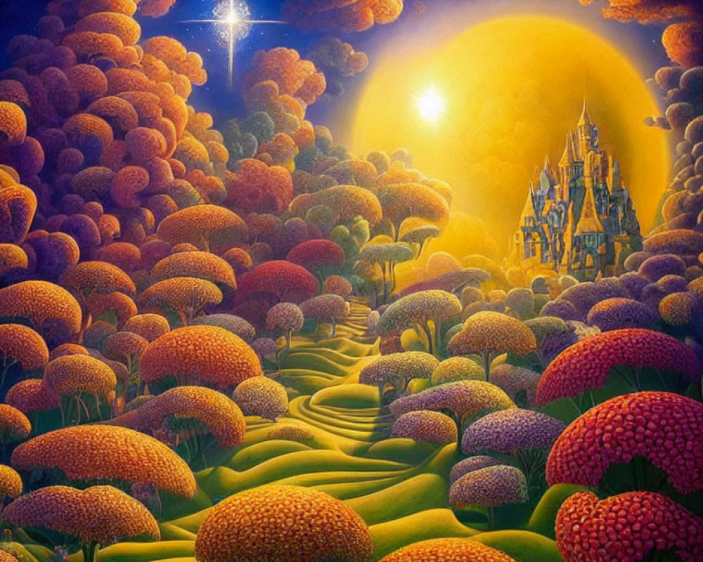 Vibrant fantasy landscape with winding path to castle under starlit sky