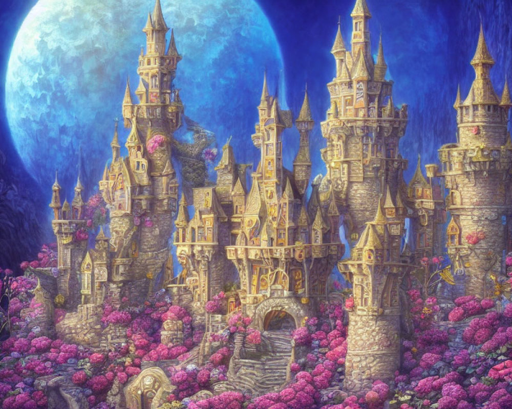 Fantastical castle with intricate towers in mystical moonlit setting