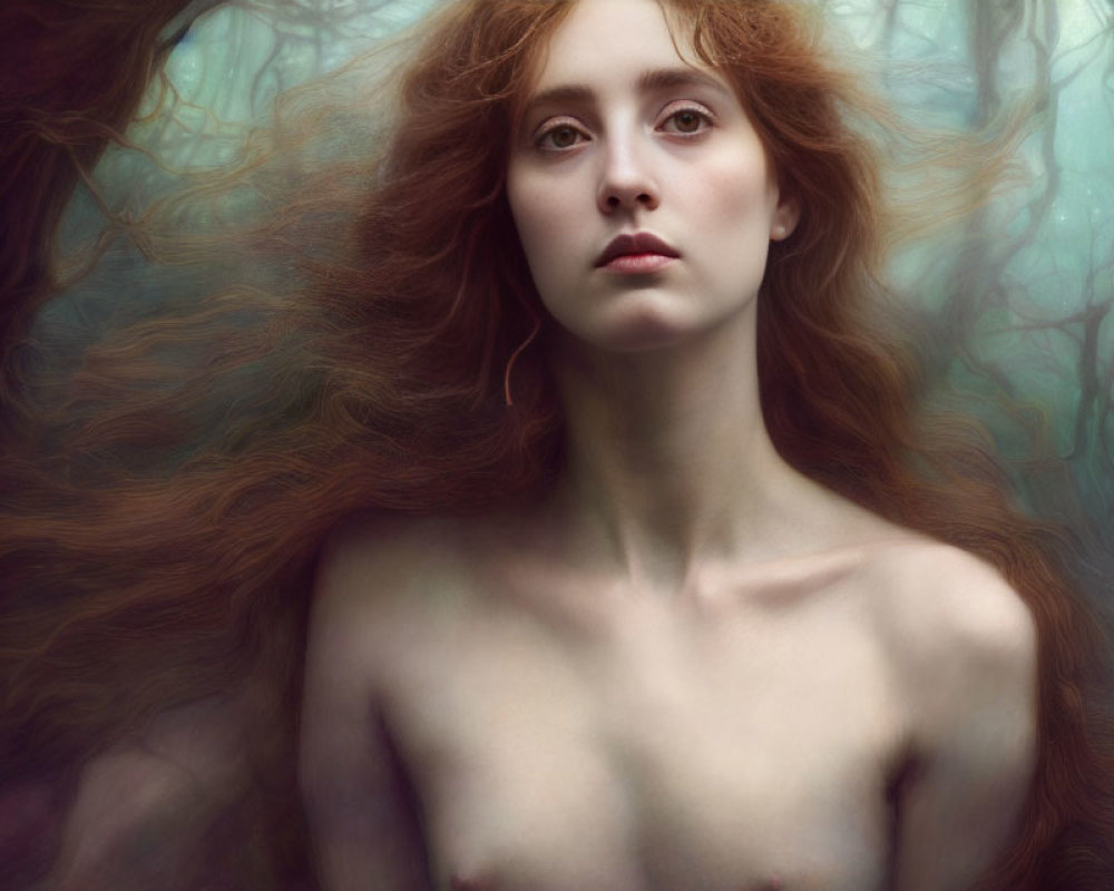 Enigmatic woman portrait with long red hair in mystical forest