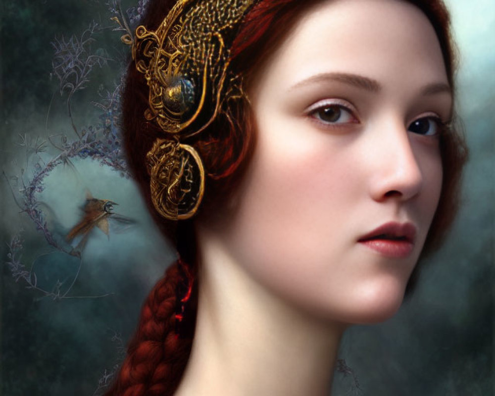 Red-haired woman with intricate braid and gold jewelry against floral backdrop