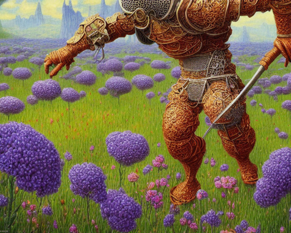 Knight in ornate armor standing in purple-flowered field with spires in background