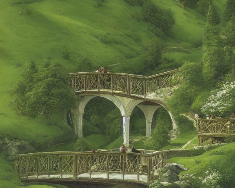 Stone bridge with arches over stream in lush green landscape