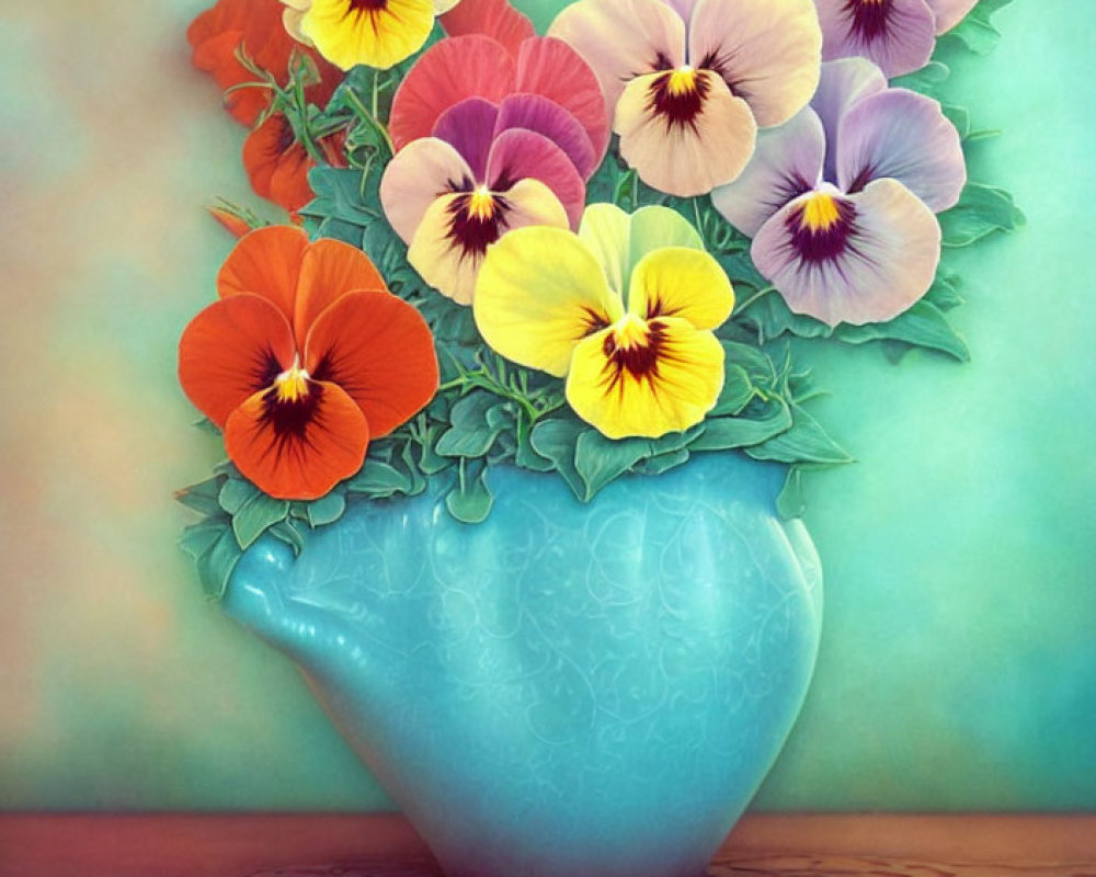 Colorful pansies in teal vase on turquoise background