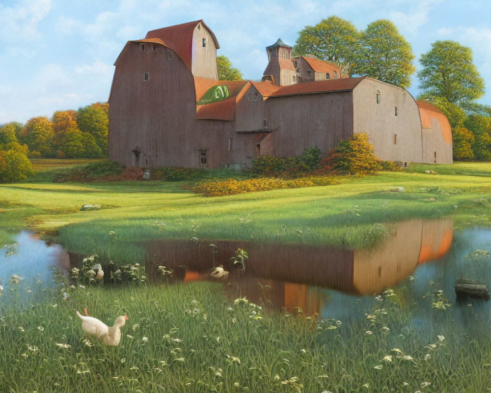 Tranquil barn by reflective pond with ducks and swan in lush landscape