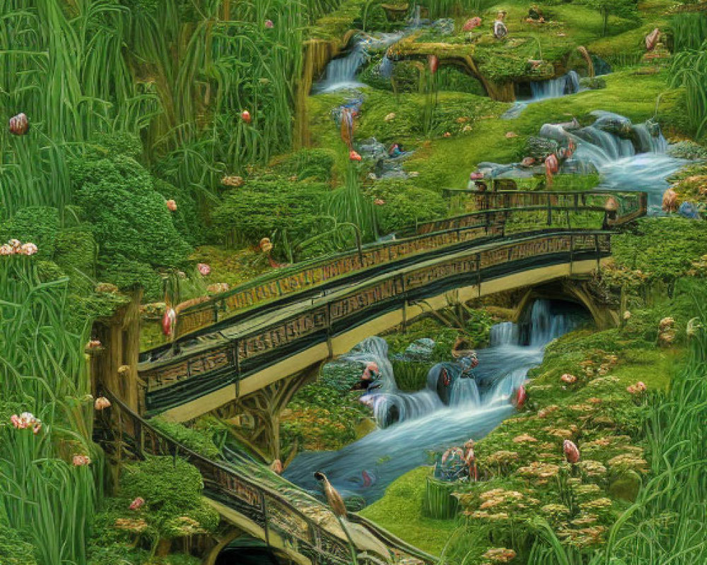 Vertical landscape of lush green forest with wooden bridge over stream, surrounded by pink flamingos