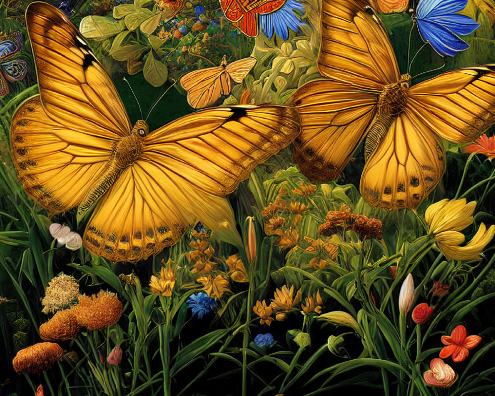 Colorful Butterfly Painting with Yellow and Blue Butterflies in Lush Greenery