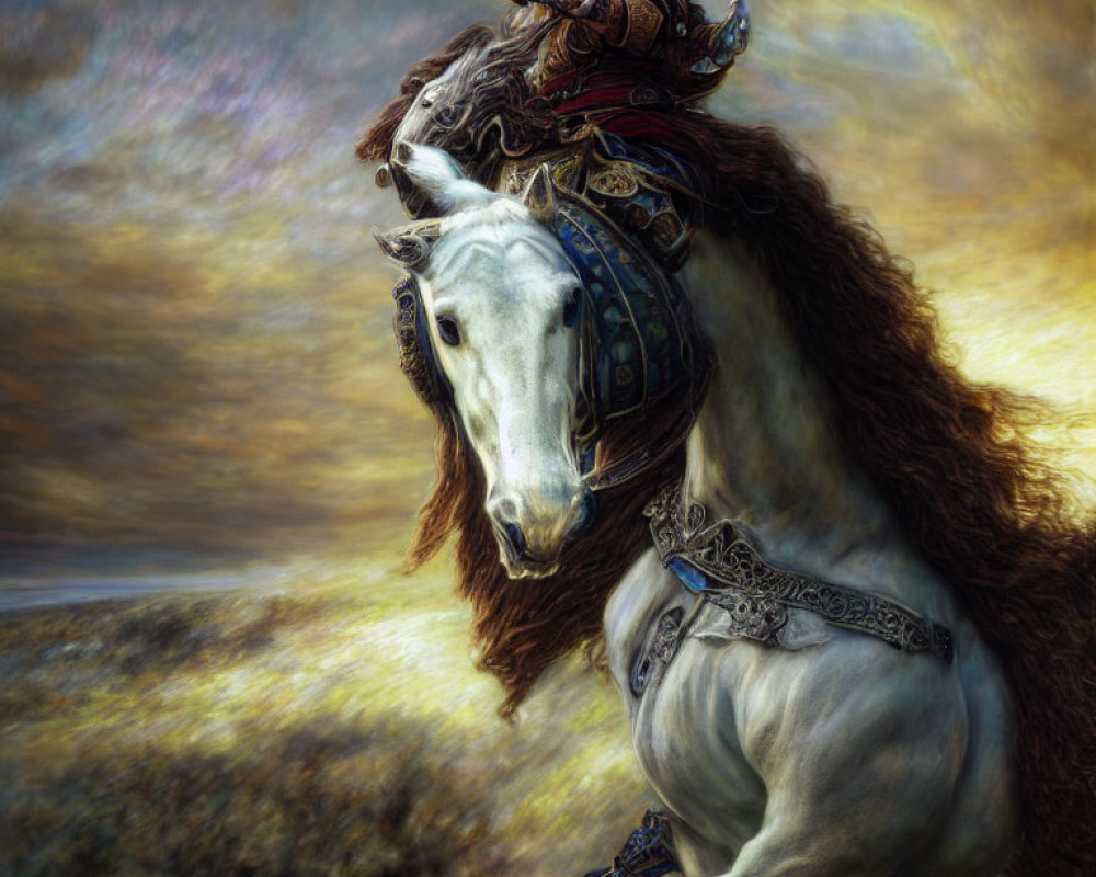 Warrior in Ornate Armor Riding White Horse in Dreamlike Landscape