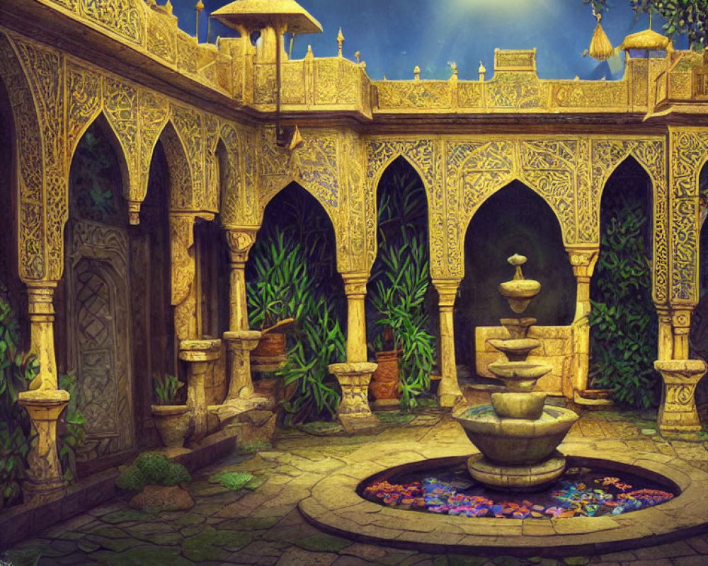 Nighttime courtyard with arched doorways, fountain, mosaic floor, plants, moonlit sky