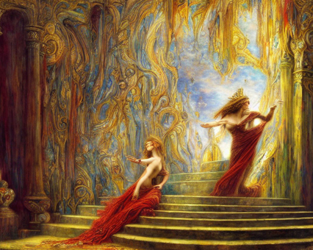 Opulent fantasy scene featuring two ethereal women on golden stairs