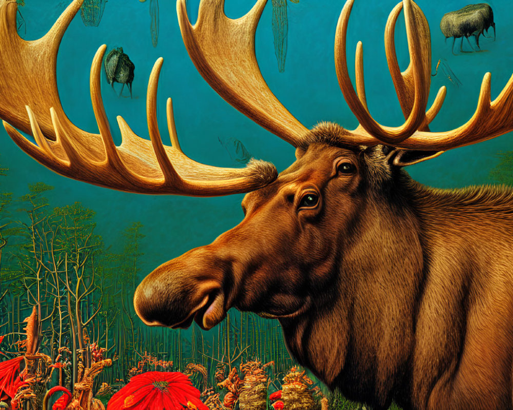 Surreal moose illustration with expansive antlers as forest ecosystem under teal sky