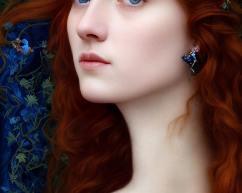 Portrait of woman with blue eyes, red hair, butterfly, and blue earrings against floral backdrop