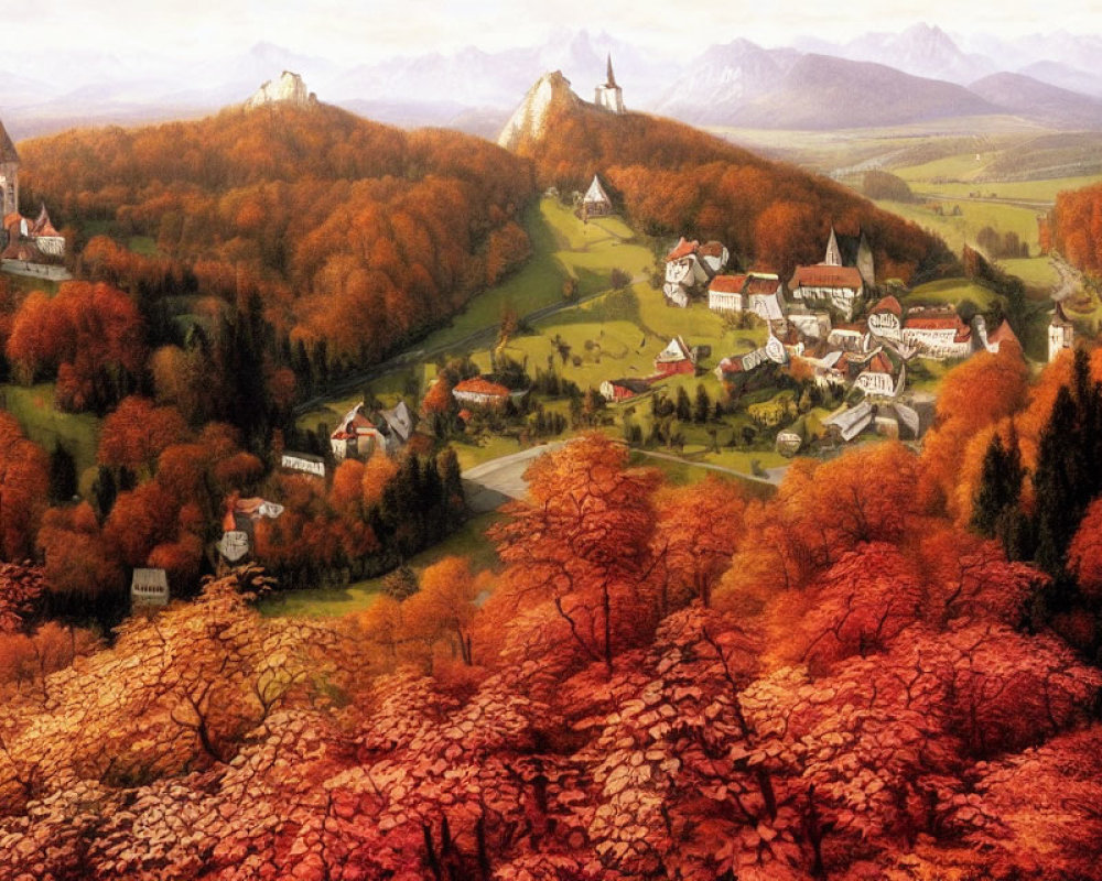 Vibrant autumn village scene with rolling hills and distant castles