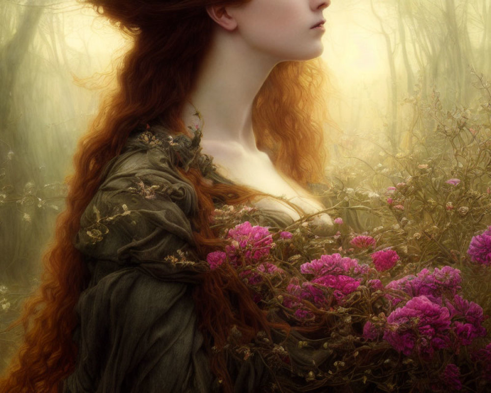 Woman with flowing red hair surrounded by flora in tranquil profile.