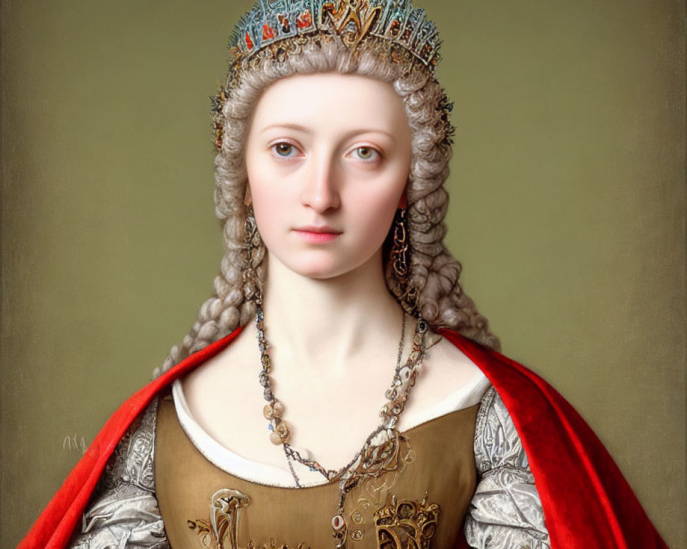 Historical portrait of woman in jeweled crown and red cloak