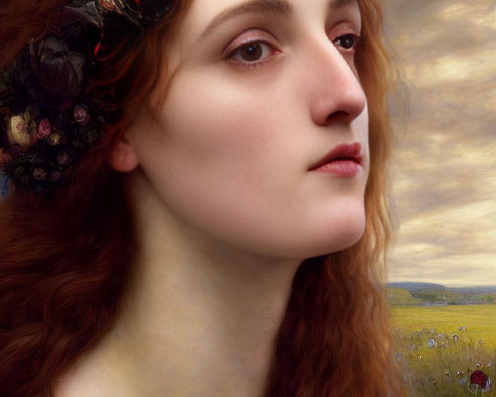 Portrait of woman with long red hair and floral headpiece in pastoral setting