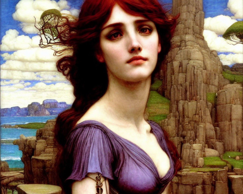 Red-Haired Woman in Purple Dress with Rock Formation Backdrop