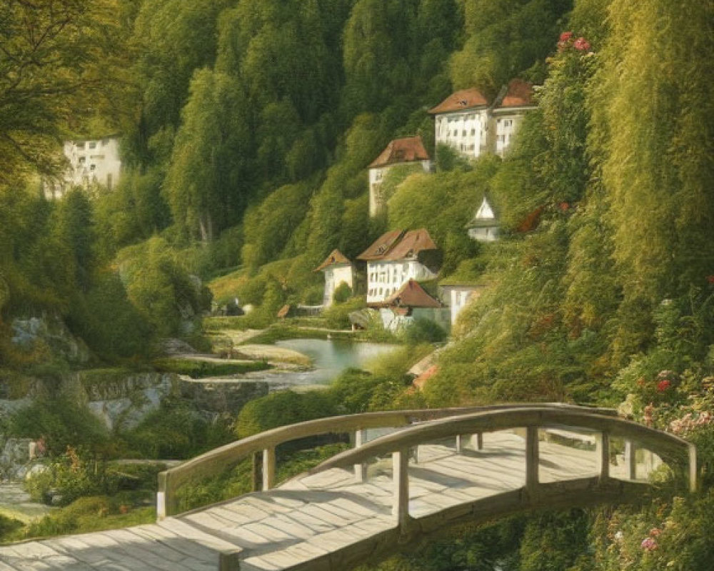 Scenic landscape with wooden bridge, greenery, houses, church tower, mountains