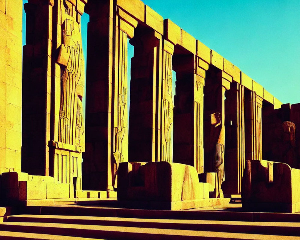 Ancient Egyptian temple with columns and hieroglyphs in vibrant yellow and blue contrast