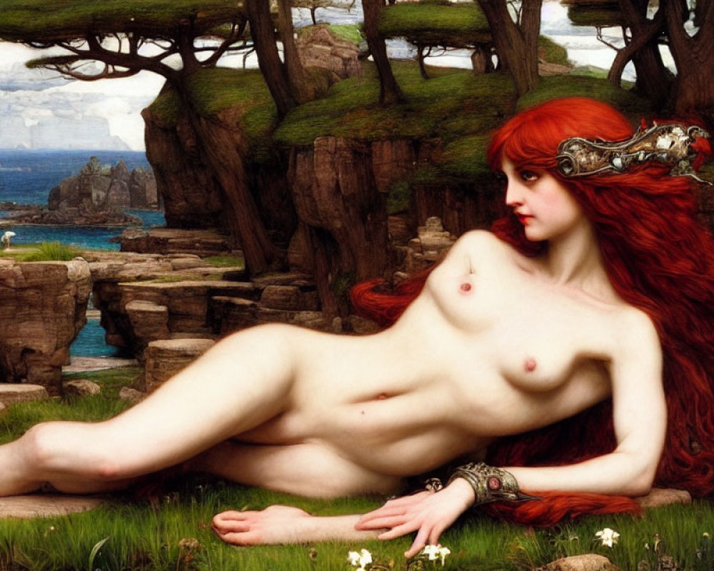 Reclining nude woman with red hair and jewelry in coastal landscape