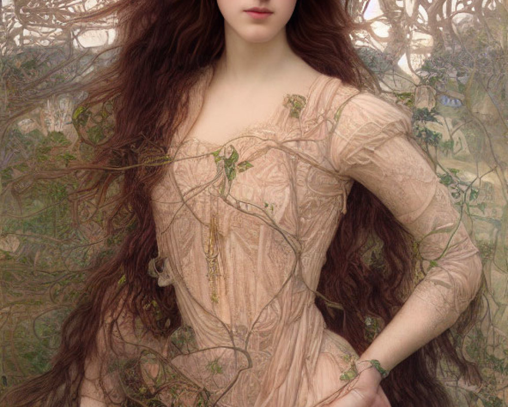 Woman in diaphanous gown with flowing hair against intricate backdrop