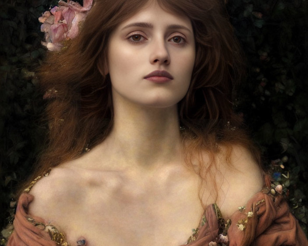 Portrait of woman with auburn hair, flowers, russet gown, and floral backdrop