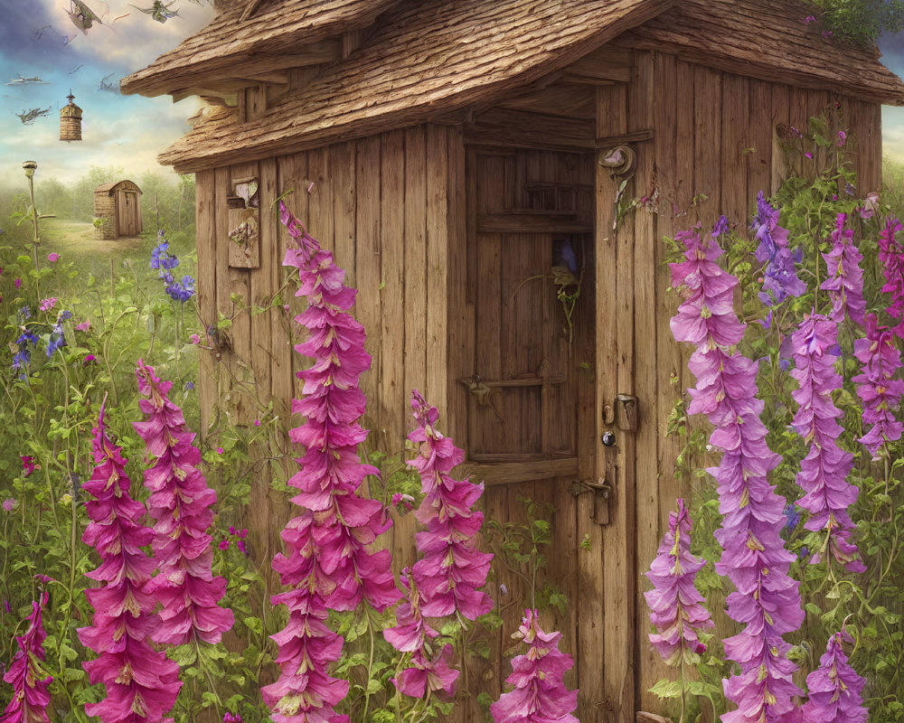 Rustic wooden hut with thatched roof and blooming purple foxgloves in serene landscape