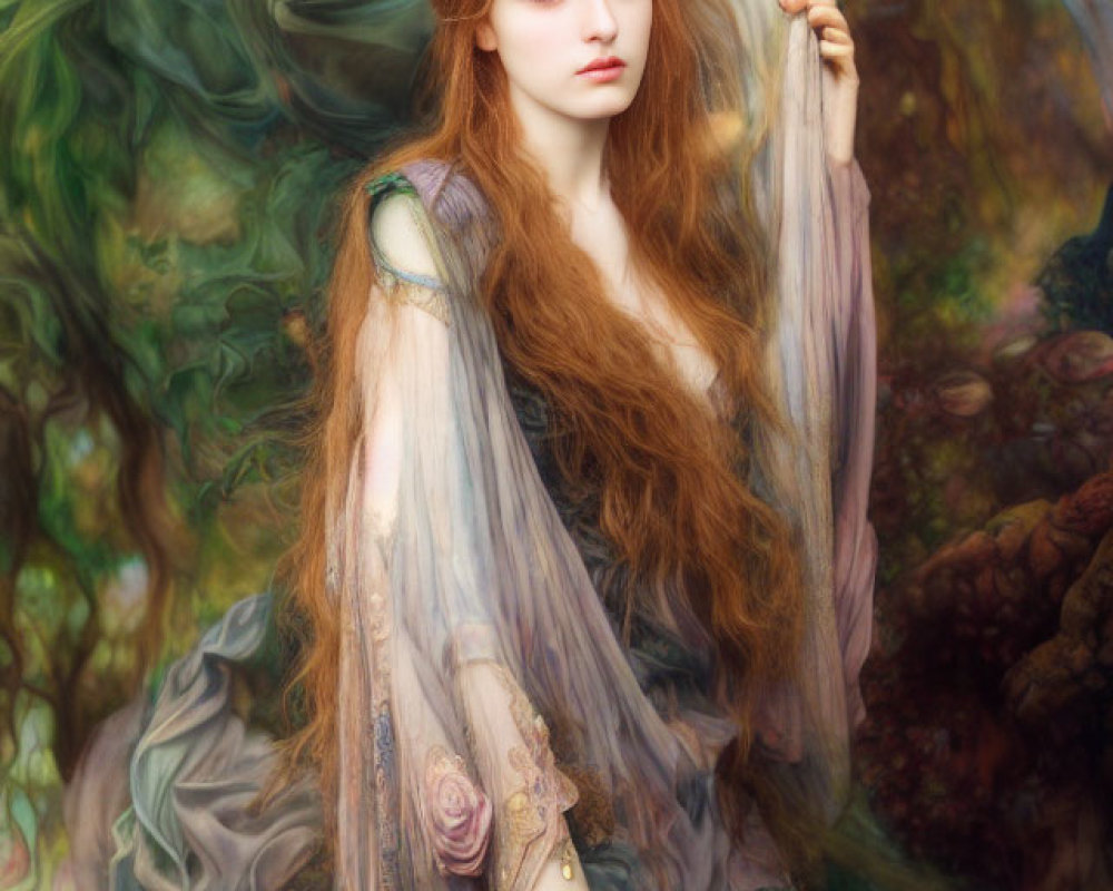 Auburn-haired woman in sheer gown surrounded by mystical forest backdrop