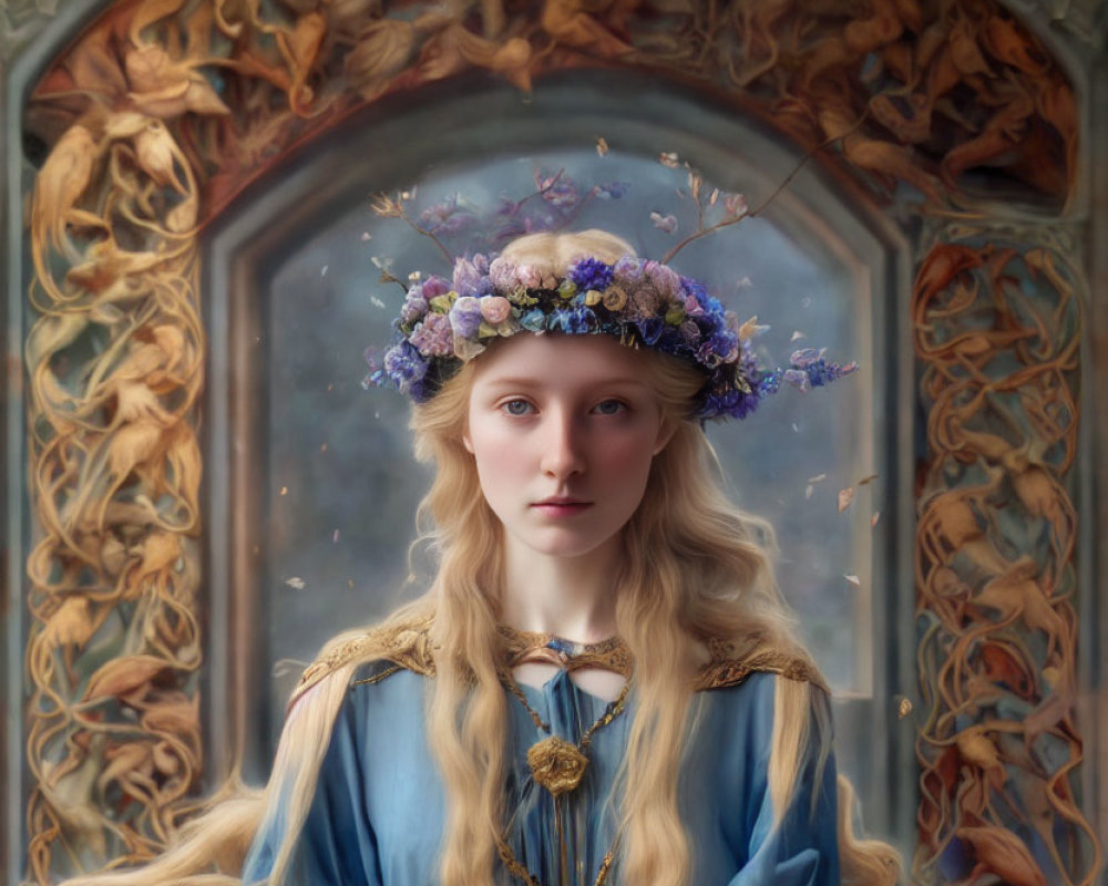 Woman in floral crown and blue medieval dress against leafy backdrop