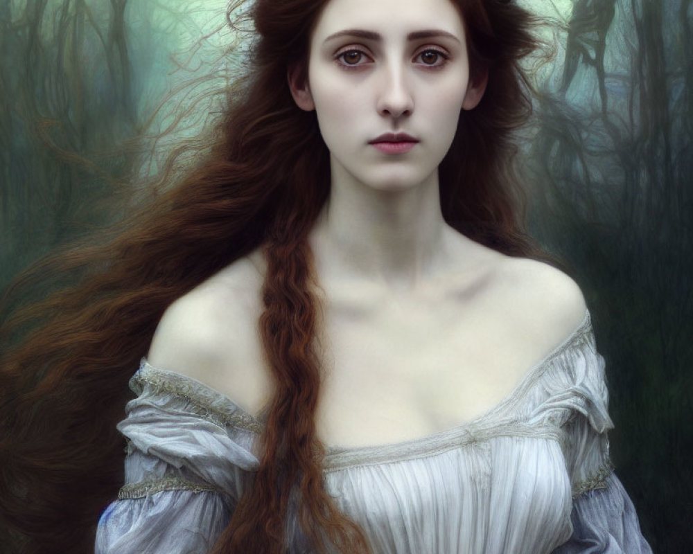 Woman with Auburn Hair and Branch Crown in Misty Forest Setting